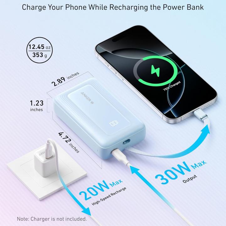 Produktbild Anker Powerbank | Powerbank mit integriertem USB-C Kabel | A1689031 | 20000 mAh | 30W Output | Blau (20000 mAh, 30 W)