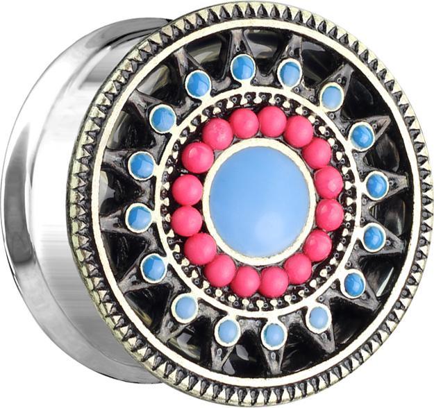 Star Piercing Flared Plug Aztec Tribal mit Perlen und Türkis Stein (Messing, Chirurgenstahl 316L)