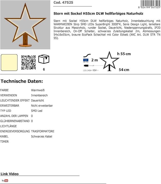Produktbild Novaliv LED Stern Lampe 55cm Naturholz Tischleuchte LED mit Stromkabel SMD LED Warmweiss