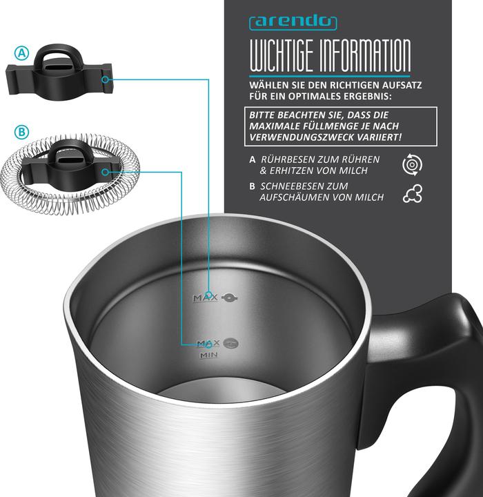 Immagine prodotto Arendo Montalatte, 500 W, montalatte automatico in acciaio inox - MILKSKY Silver (24 cl)