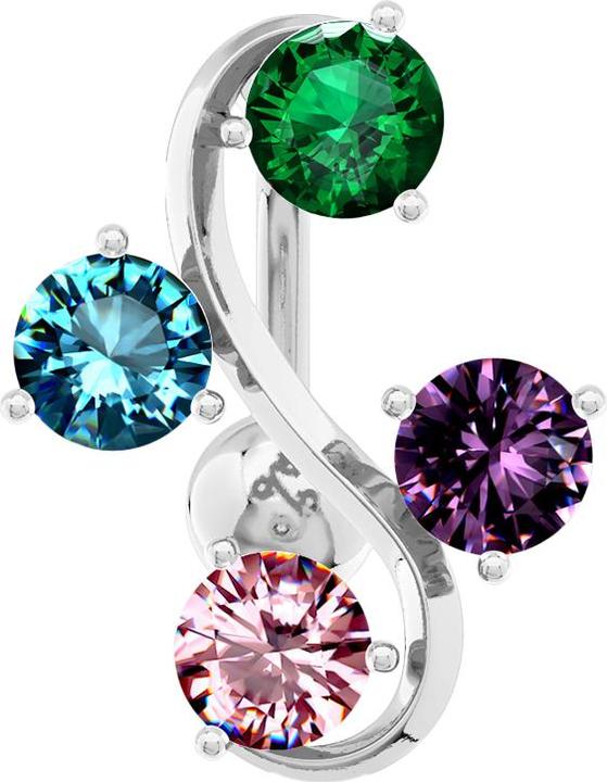 Image du produit Star Piercing Banane argentée avec boule Vigne avec quatre cristaux de couleur (Acier chirurgical 316L, Laiton)