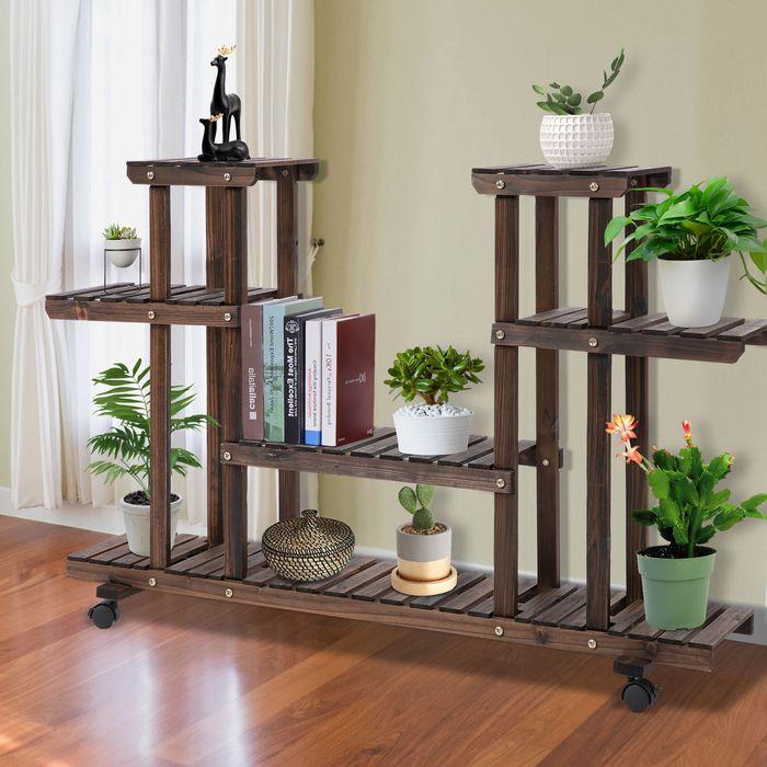 Image du produit Swisshandel24 Etagère à plantes, étagère à fleurs à quatre niveaux, escalier à fleurs, bois massif, carbonisé