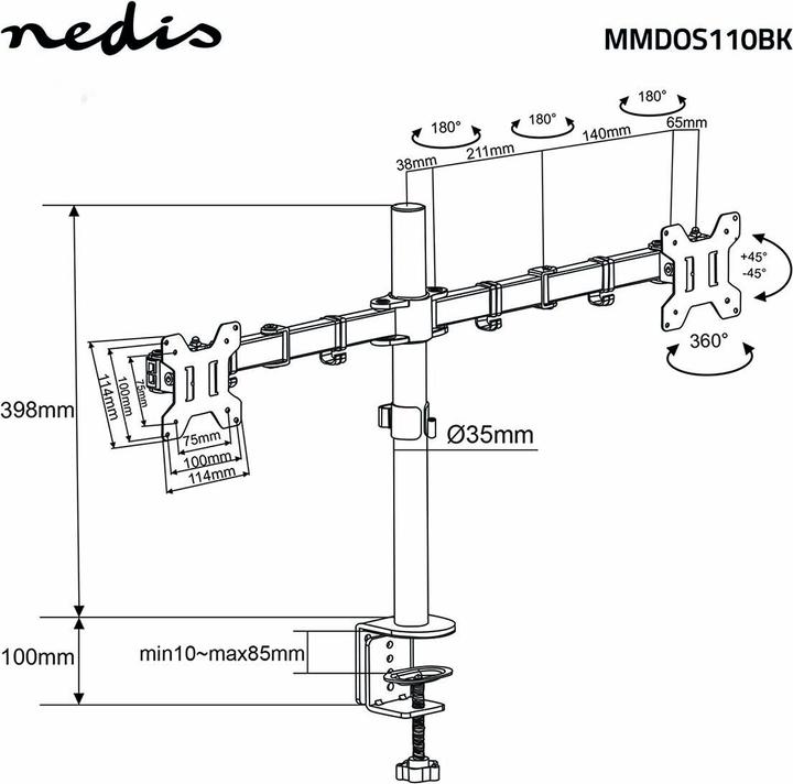 Actual product image Nedis Desk monitor holder | 2 screen(s) | 15 - 32 " | 75x75 / 100x100 | Fully movable (Table, 32")