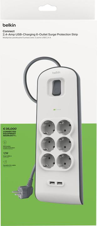 Actual product image Belkin Steckdosenleiste 6-fach + 2xUSB-A, 2m Kabel BSV604vf2M-V2 (6 x, USB, 2 m)