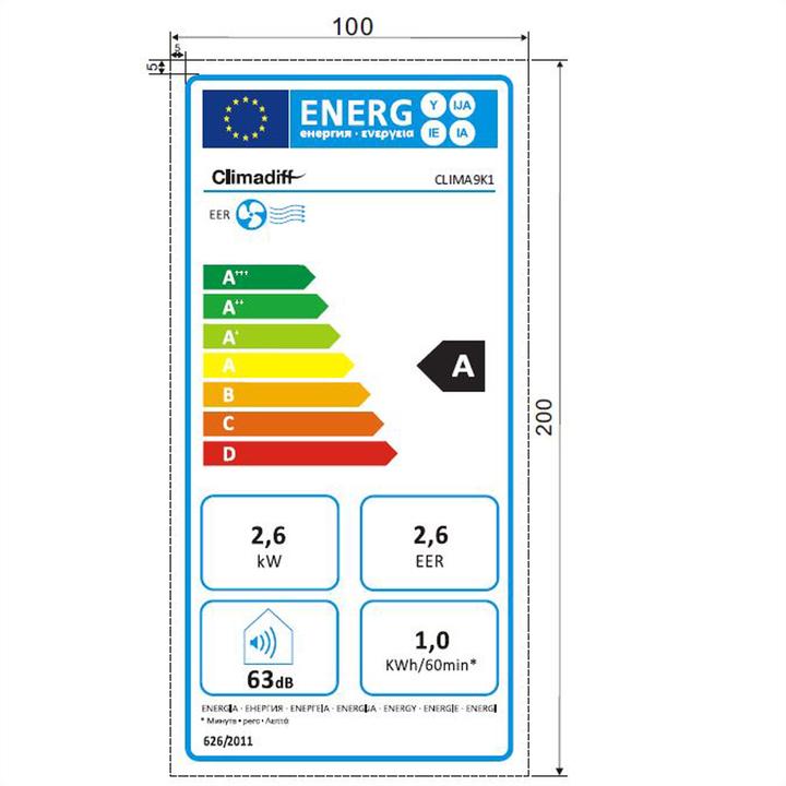 Label énergétique Climadiff Clima9K1 (27 m², 9000 BTU/h)