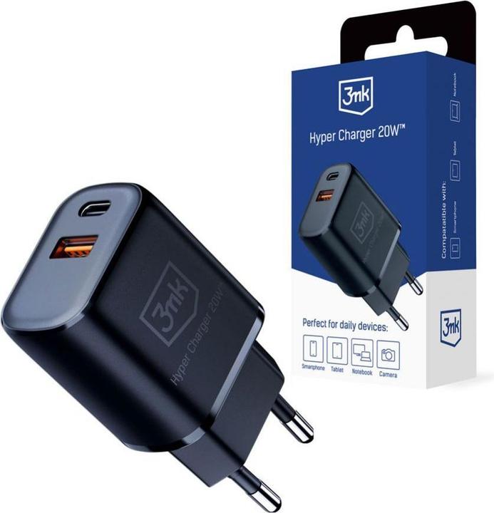 Produktbild 3MK HyperCharger 20W 1xUSB-C + 1xUSB-A ładowarka sieciowa PD/QC czarna/black (20 W)