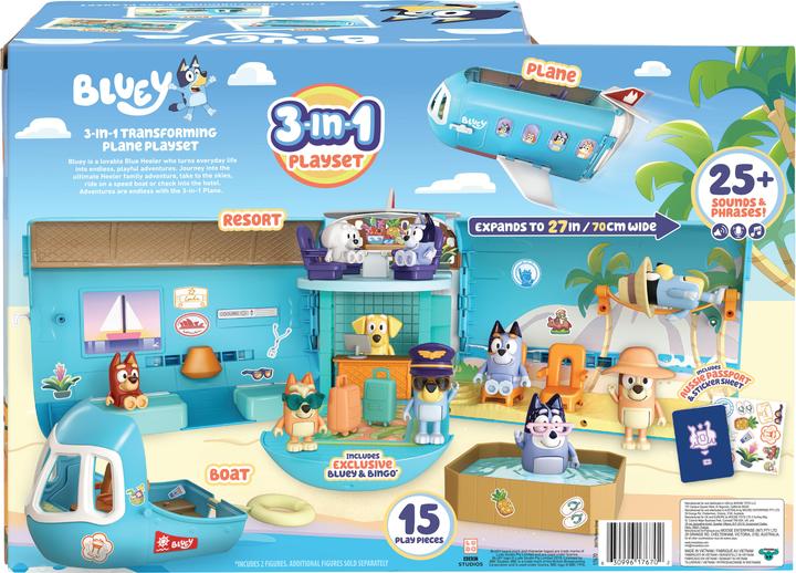 Actual product image Moose Bluey transformation playset Holiday 3in1 aeroplane-boat-hotel