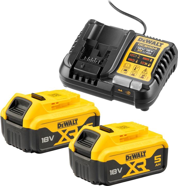 1 x DeWalt DCB1104 charger, 5.0 Ah, 2 x DeWalt 18 V Li-Ion battery packs