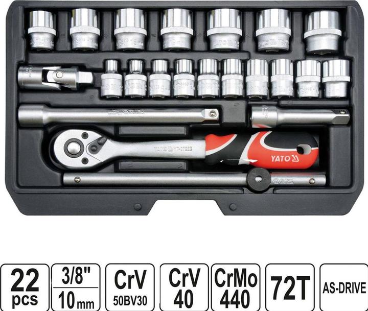 Image du produit Yato YT-38561 Jeu de Douilles en Coffret 22 Pièces avec Cliquet 3/8" (3/8")