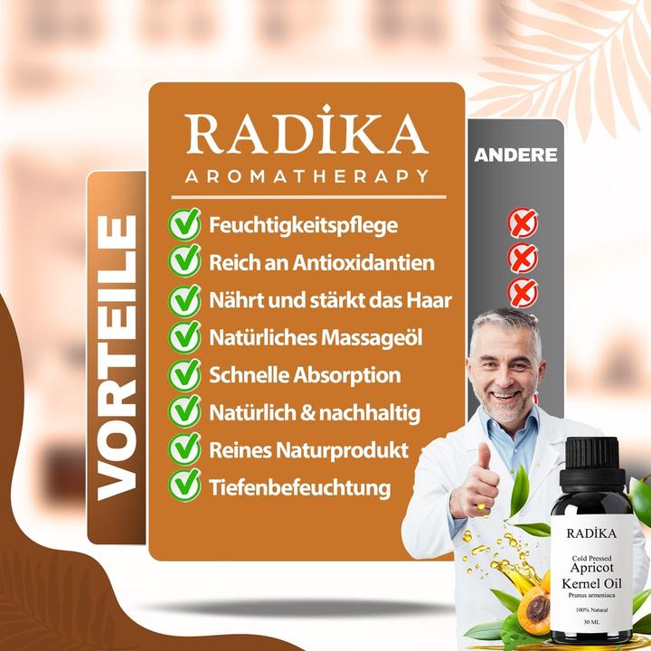 Produktbild Radika Aprikosenkernöl, Kaltgepresst, 100% Rein, BIO, natürlich, 30 ml (Körperöl, 30 ml)
