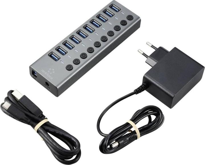 Produktbild Renkforce 10 Port USB 3.2 Gen 1-Umschalter + Hub (USB 3.0) mit Aluminiumgehäuse Silber-Schwarz (USB-A, 10 Ports)
