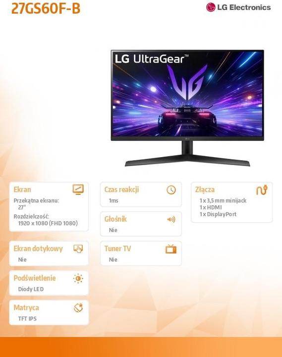 Actual product image LG Gaming Monitor 27gs60f 27" Ultragear (1920 x 1080 pixels, 27")