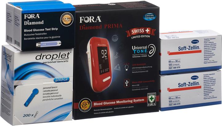Fora Diamond PRIMA starter pack with 200 test strips, lancets, alcohol pads, lancing device, measuring (Lancets)