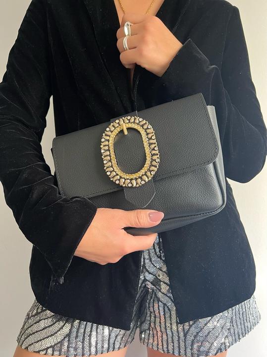 Immagine prodotto Only-Bags.Store Borsa a tracolla in pelle nera, piccola borsa a tracolla in pelle, regalo per lei, pelle pieno fiore