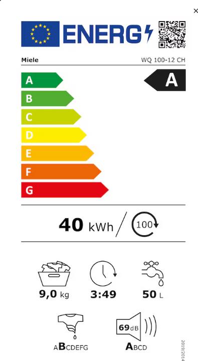 Energy Label Miele WQ 100-12 CH (9 kg, Changeable, CH plug)
