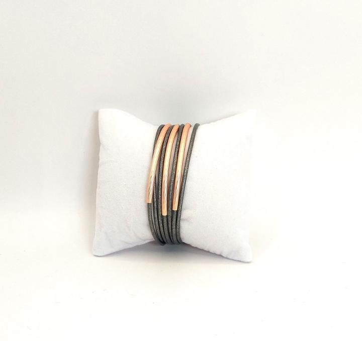 Image du produit Signé Signè bracelet avec fermeture magnétique cuir gris foncé éléments doré rose No.13 (19.40 cm, Métal, Laiton, sans plomb, Sans cadmium, Sans nickel)
