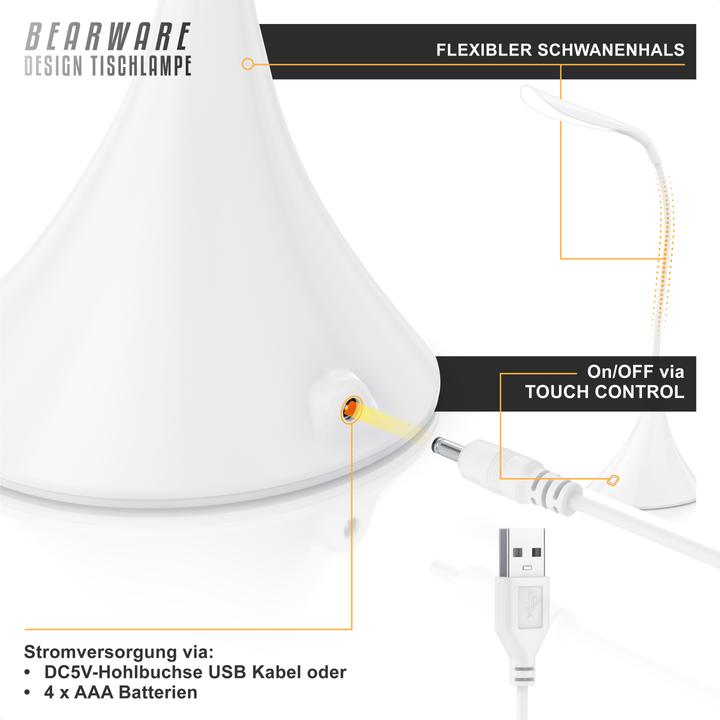 Image du produit CSL Schreibtischlampe LED Tischlampe, flexibler Schwanenhals, Leselampe mit USB oder Batteriebetrieb (160 lm)
