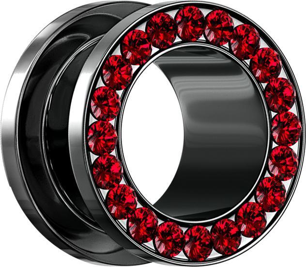 Star Piercing Flesh Tunnel schwarz mit Kristall rot (ohne Messing, Chirurgenstahl 316L)