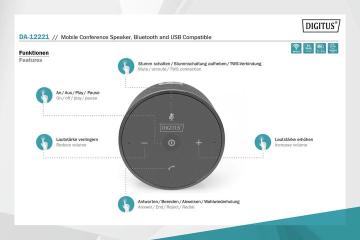 Produktbild Digitus Mobiler Konferenz-Lautsprecher, Bluetooth und USB kompatibel (10 h, Batteriebetrieb)