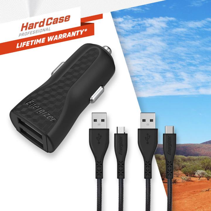 Actual product image Energizer Car Charger Lifetime Warranty - 2.4A - 1USB - incl. USB-C and Micro-USB cable
