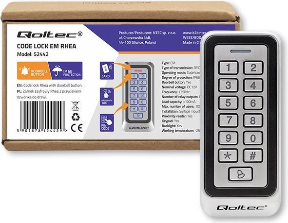 Produktbild Qoltec 52442 Codeschloss RHEA su RFID-Leser Code Card Schlüsselanhänger Türklingel IP68 EM