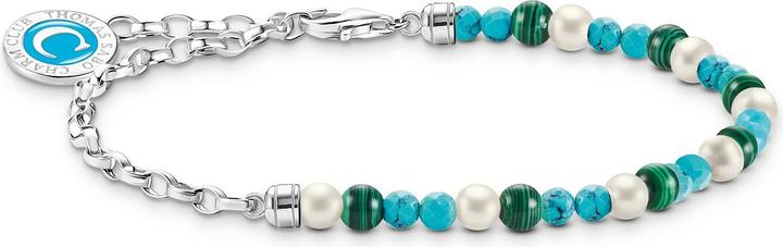 Immagine prodotto Thomas Sabo Bracciale Charm Member con Perle Bianche Malachite e Moneta Charmista Argento (17 cm, Argento 925, Smalto)