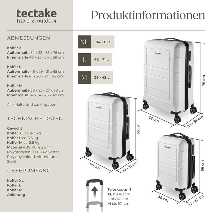 Produktbild tectake Hartschalenkofferset Brice 3-tlg., TSA-Schloss (111 l, M (50 - 90l), L (90 - 115l), XL (ab 115l))