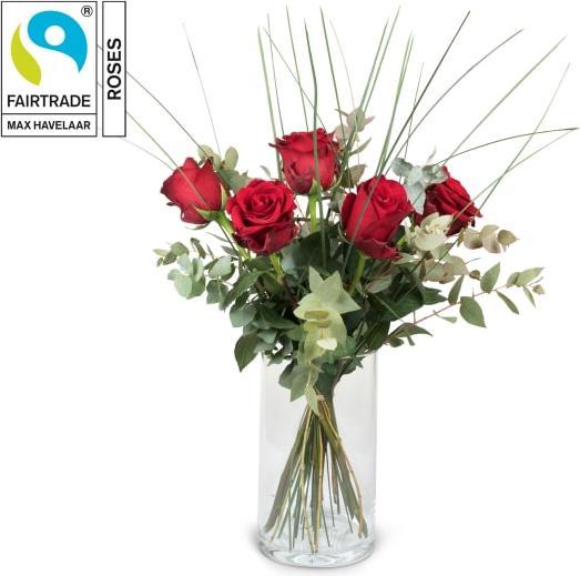 Immagine prodotto Fleurop 5 rose rosse Fairtrade Max Havelaar con verde (Fiori recisi)