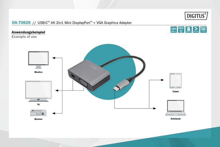 Image du produit Digitus Adaptateur graphique USB-C™ 4K 2 en 1 Mini DisplayPort + VGA (Mini DP, VGA, 20 cm)