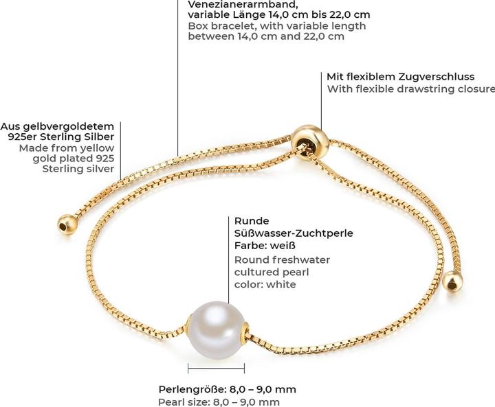 Produktbild Valero Pearls Damen Sterling Silber Süsswasser-Zuchtperle gelbgold 14,0 - 22,0 cm, flexibel einstellbar - 10886 (22 cm, Sterling Silber)