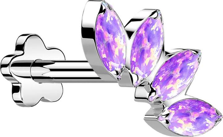 Star Piercing Micro Threadless Labret Blume silber Fächer mit vier Opale violett (Titan G23, ohne Messing)