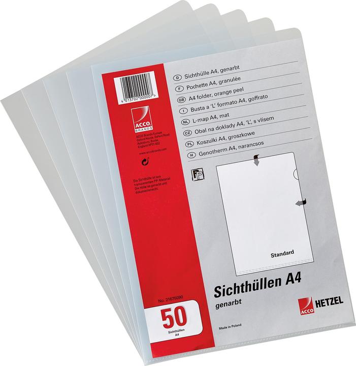 Produktbild Rexel HETZEL Sichthülle Standard, A4, PP, genarbt, 0,11 mm oben und seitlich offen, mit Daumenaussparung (A4, 1 x)