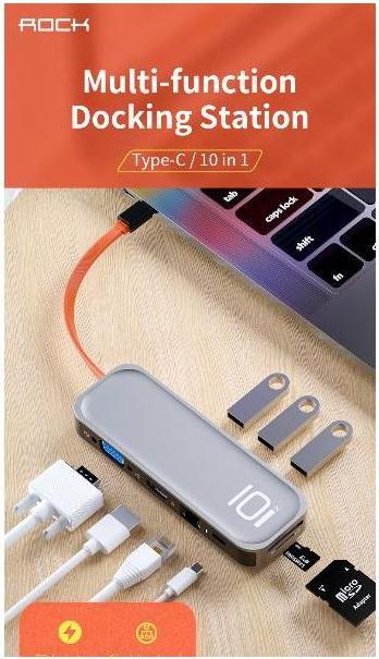 Actual product image Neo ROCK TR01 10-in-1 Type-C/USB-C to HDMI + VGA Multifunctional Hub Adapter (silver colour) (USB-C, 10 Ports)