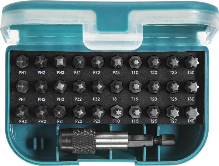 Actual product image Makita P-73374 Set 31 pieces (Hexagon socket TX M10, Hexagon socket TX M15, Hexagon socket TX M20, Cross Phillips PH M1, Cross Phillips PH M2, Hexagon socket TX M25, Hexagon socket TX M27, Hexagon socket TX M40, Cross Pozidriv PZ M1, Cross Pozidriv PZ M2, Cross Pozidriv PZ M3, Hexagon socket TX M30, Hexagon socket TX M8)