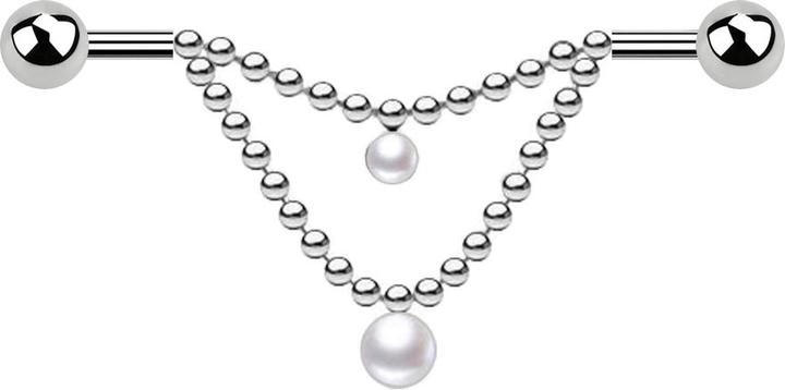 Produktbild Star Piercing Barbell silber zwei Kugeln zwei Ketten Perle weiss (Chirurgenstahl 316L)