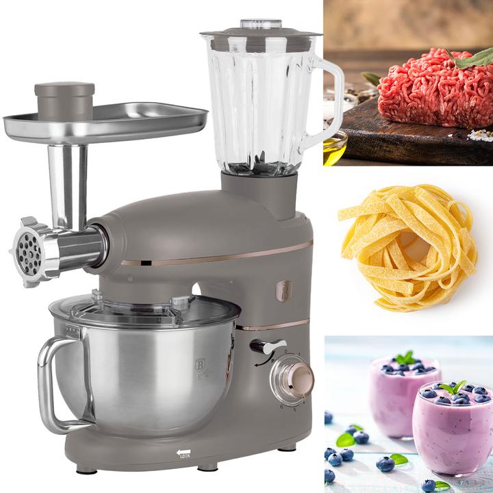 Produktbild BerlingerHaus Design Küchenmaschine inkl. Fleischwolf & 3 Pasta-Aufsätze, 1500W, taupe (1500 W)