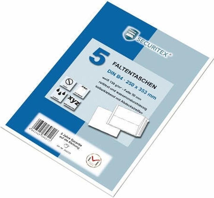 Productafbeelding Securitex Gevouwen envelop, B4, wit, zonder venster 130 g/m², vouw: 50 mm, afmetingen: (B)250 x (H)353 mm (5 x)