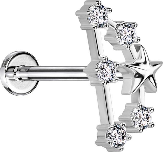 Image du produit Star Piercing Micro Labret femelle argenté signe astrologique Capricorne avec cristaux (Acier chirurgical 316L, Laiton)