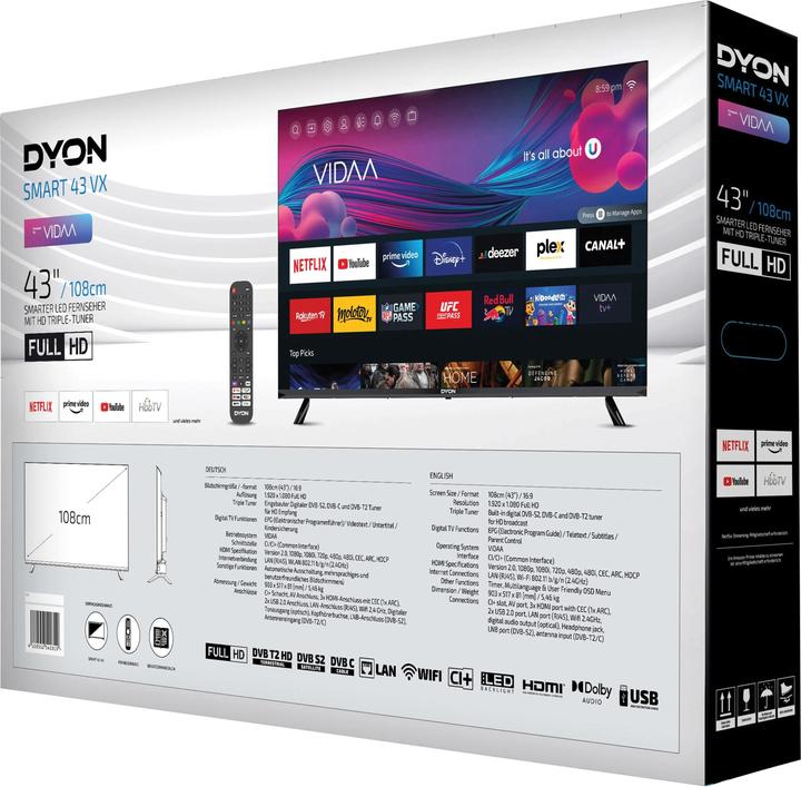 Produktbild Dyon SMART 43 VX LED-TV 108cm 43 Zoll EEK E (A - G) DVB-S2, DVB-C, DVB-T2, CI+, Full HD, Smart TV (43", LED, Full HD)