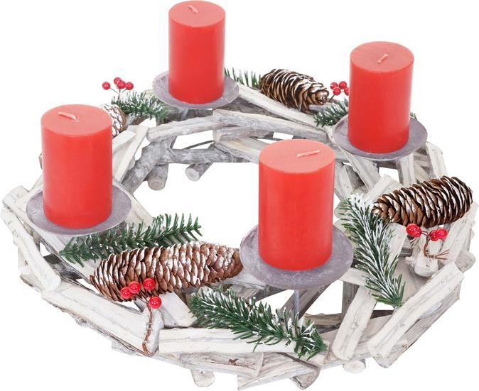 Image du produit Swisshandel24 Couronne de l'Avent ronde, décoration de table de Noël, bois ø 40cm blanc-gris - avec bougies, rouge