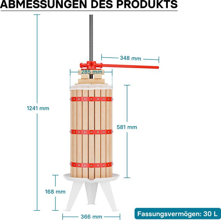 Image du produit Wiltec Pressoir à fruits 30L avec 3x Torchon à pressoir Moût Pressage Vin Cidre Broyage Fruits Pommes