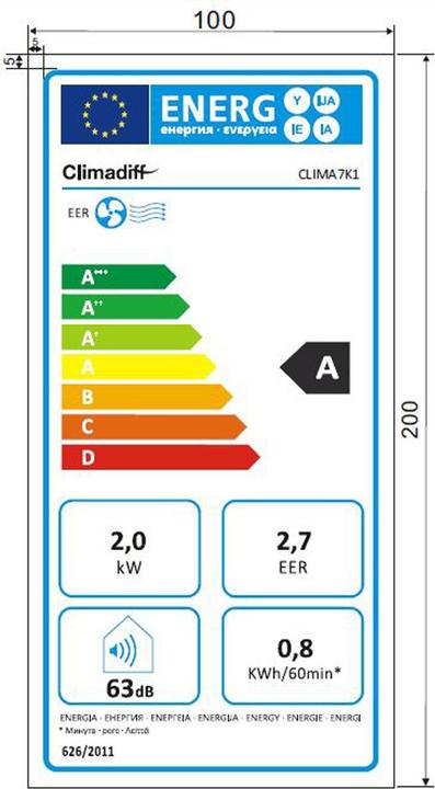 Label énergétique Climadiff Clima7K1 (20 m², 7000 BTU/h)