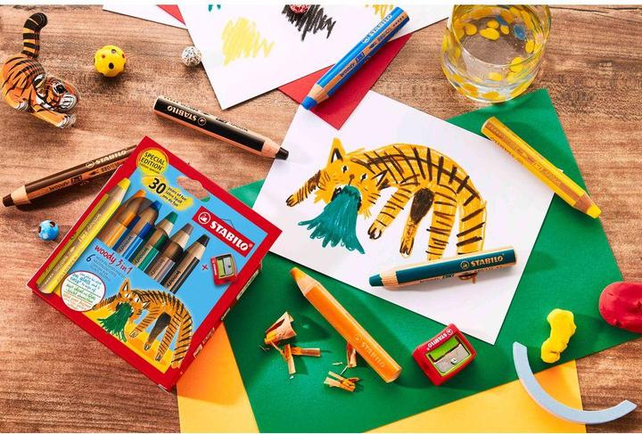 Produktbild Magni STABILO Buntstifte woody 3in1 Tiger Design 6 Stück mit Spitzer (Assortiert, 6 x)