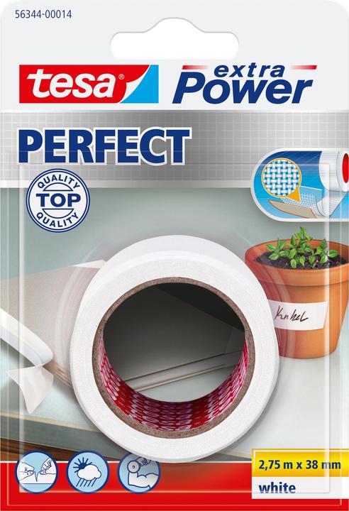 Produktbild tesa extra Power Perfect, 2,75 m, Weiss, Stoff, Karton, Papier, 38 mm, Karton mit Aufhänger (38 mm)