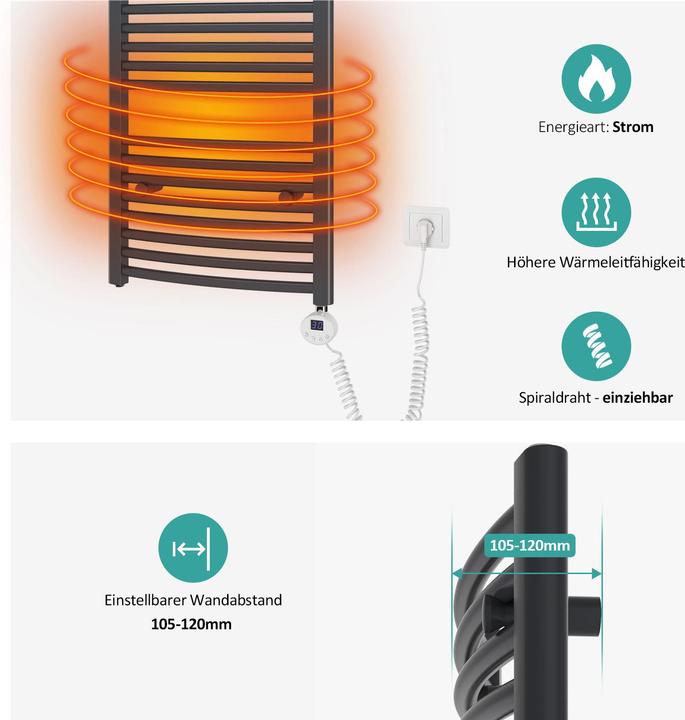 Produktbild Emke Elektrischer Badheizkörper, Badheizung Elektrisch, Anthrazit 120x40cm 500W (500 W)