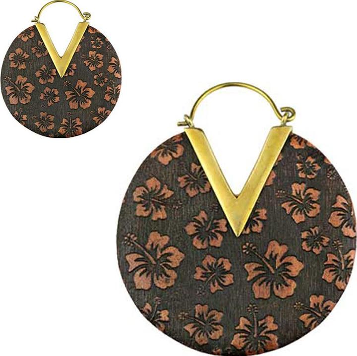 Image du produit Star Piercing Boucles d'oreilles Plaque dorée Fleur d'Hibiscus Gravée en bois de Sawo (sans laiton, Organique)
