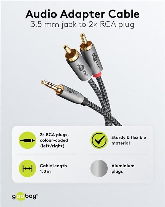 Produktbild Goobay Audio Adapterkabel AUX, 3,5-mm-Klinke zu Stereo-Cinch-Stecker, 1 m, Sharkskin Grey (1 m, Cinch)