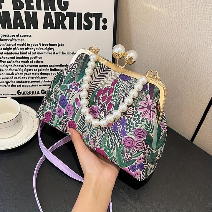 Actual product image Only-Bags.Store Vintage-inspirierten Blumenmuster Design Kupplung Tasche mit faux Perle Griff, modische