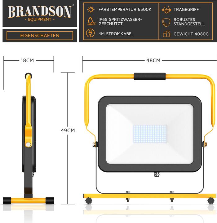 Actual product image Brandson Construction spotlight, 100W LED work light, carrying handle, 10000 lumen, construction spotlight (9500 lm)