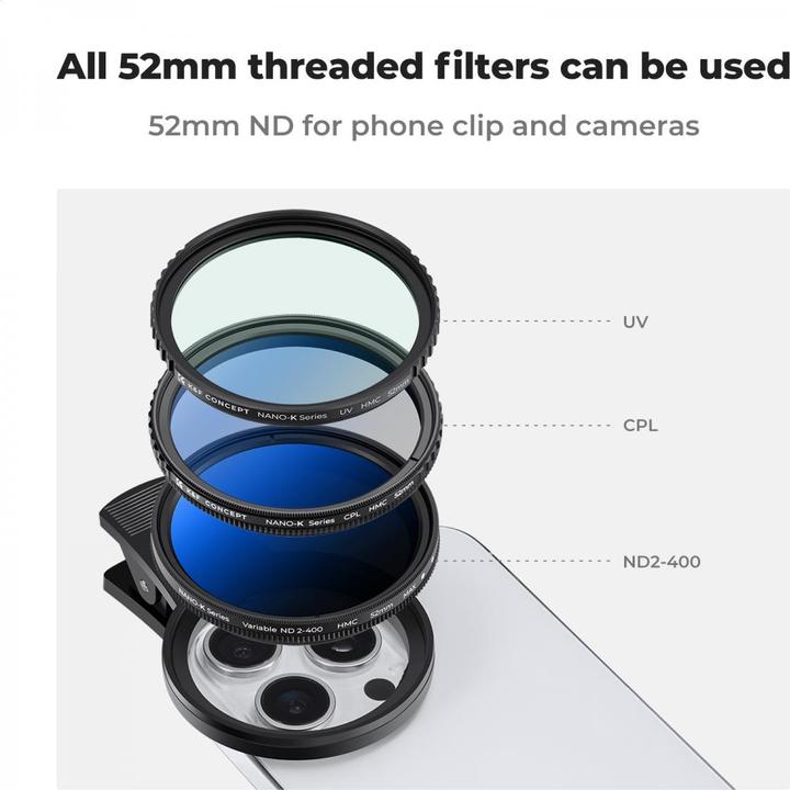 Produktbild K&F Concept 52mm Universal Type Phone clip, with ND2-400 Filter, Multi-coated, Cleaning cloth
